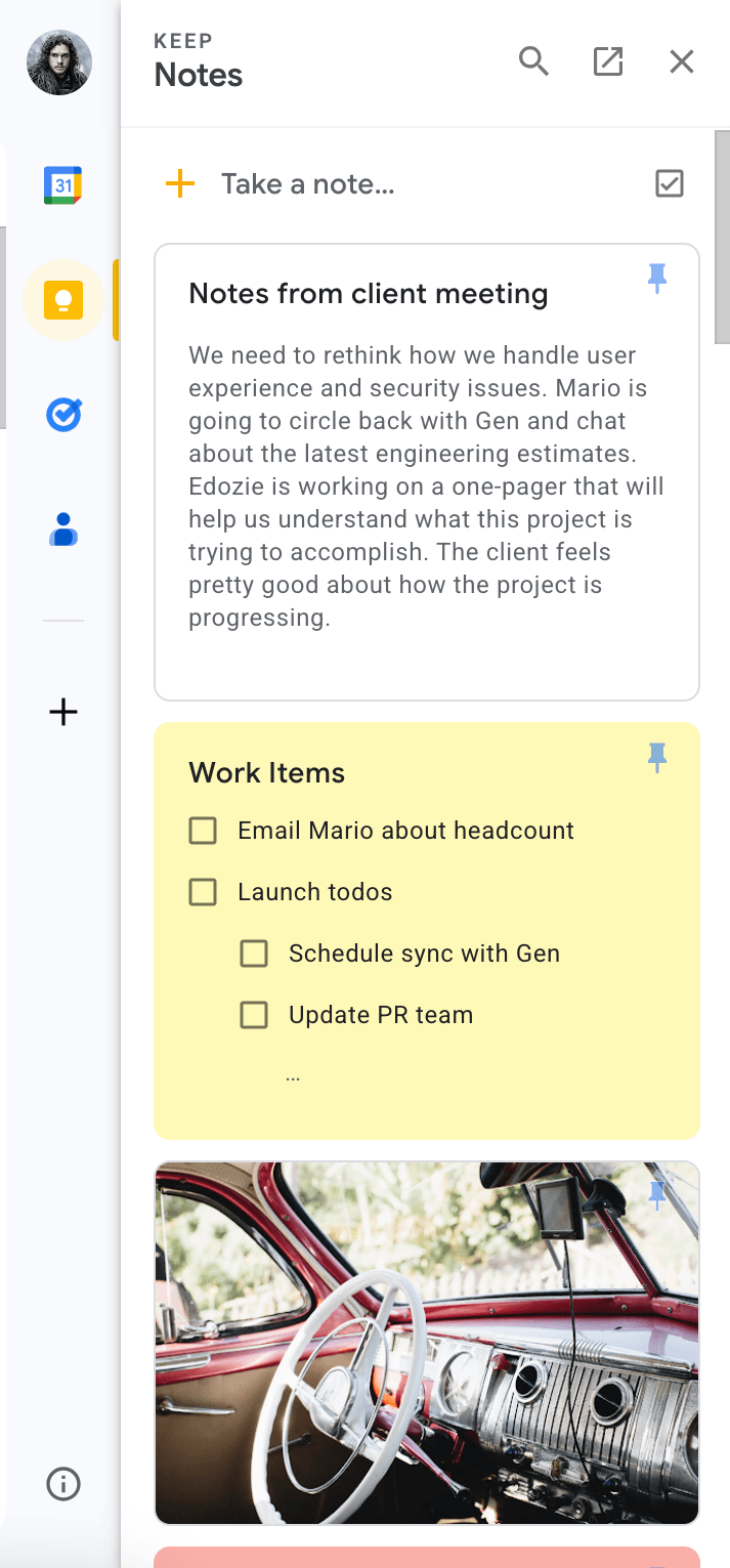 Screenshot of the Gmail Sidebar with the Google Keep application open