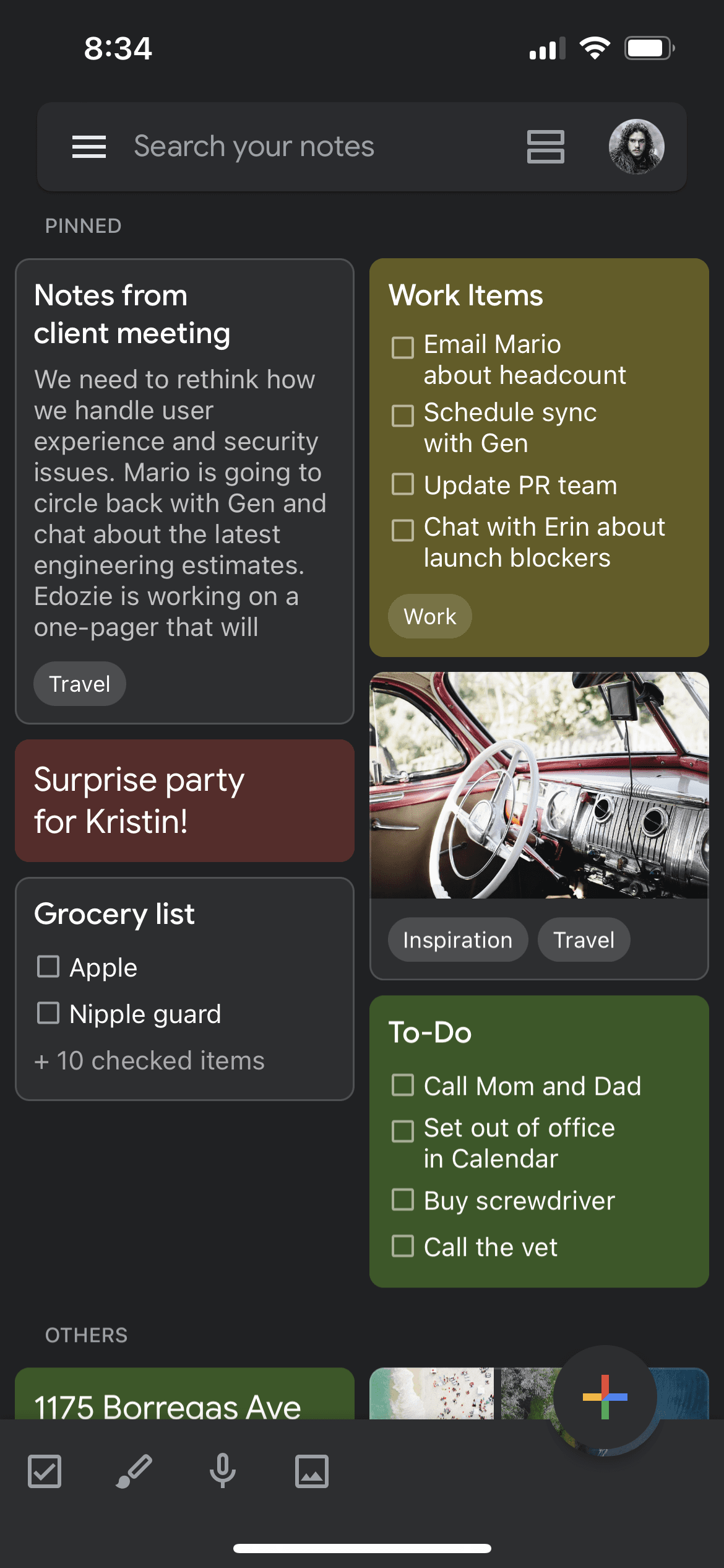 Screenshot of Google Keep app with dark mode turned on