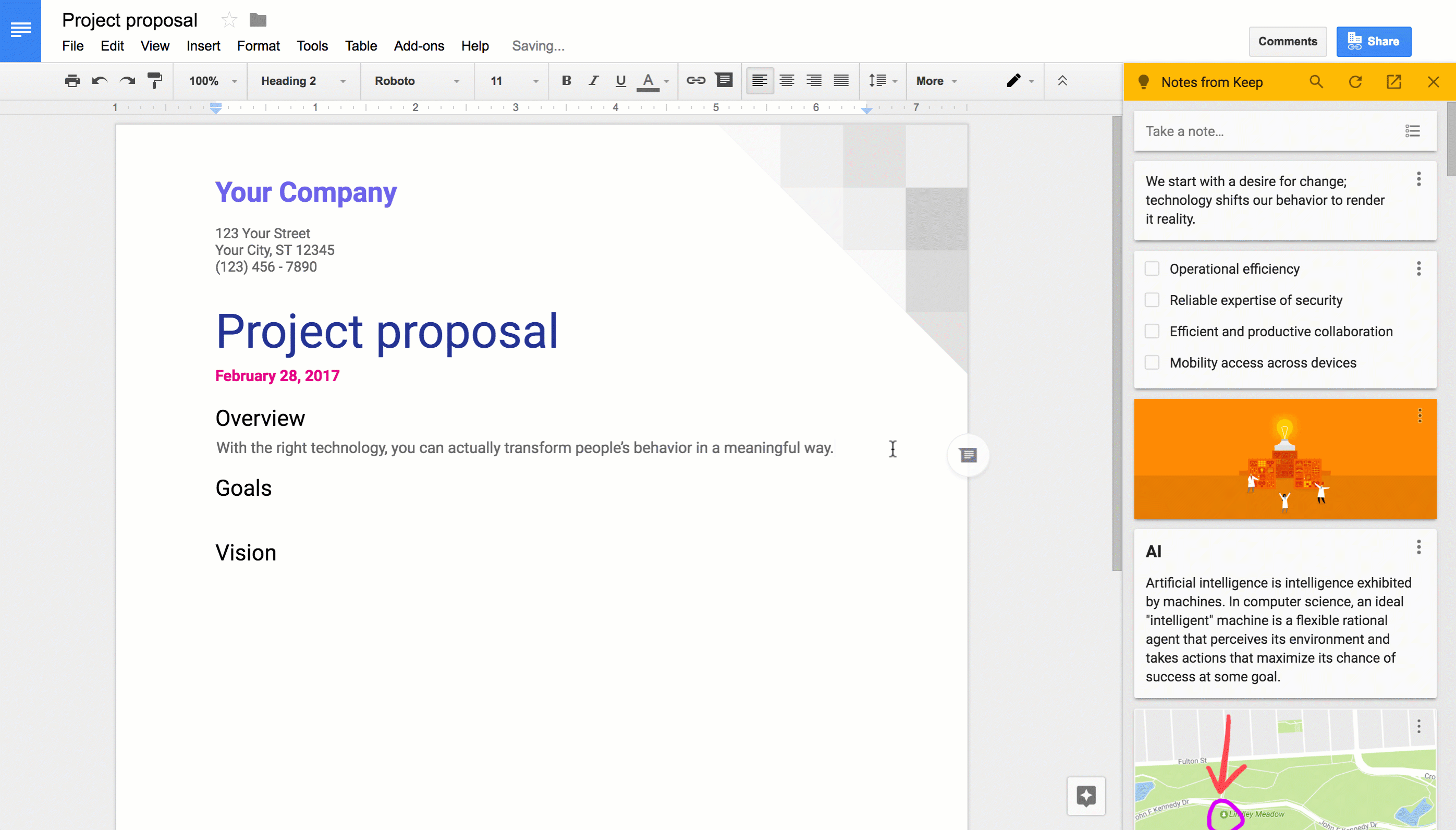 GIF of Google Docs web app being used with Google Keep
