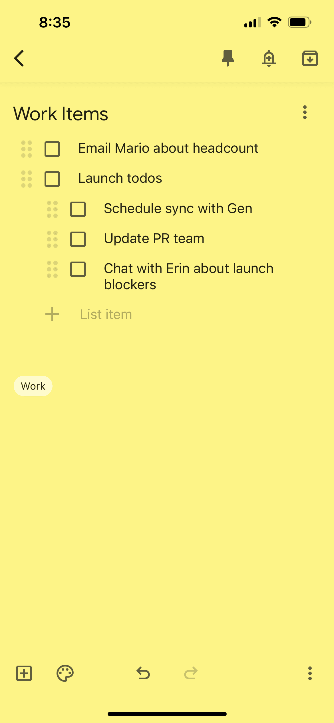 Screenshot of Google Keep app showing list item indentation