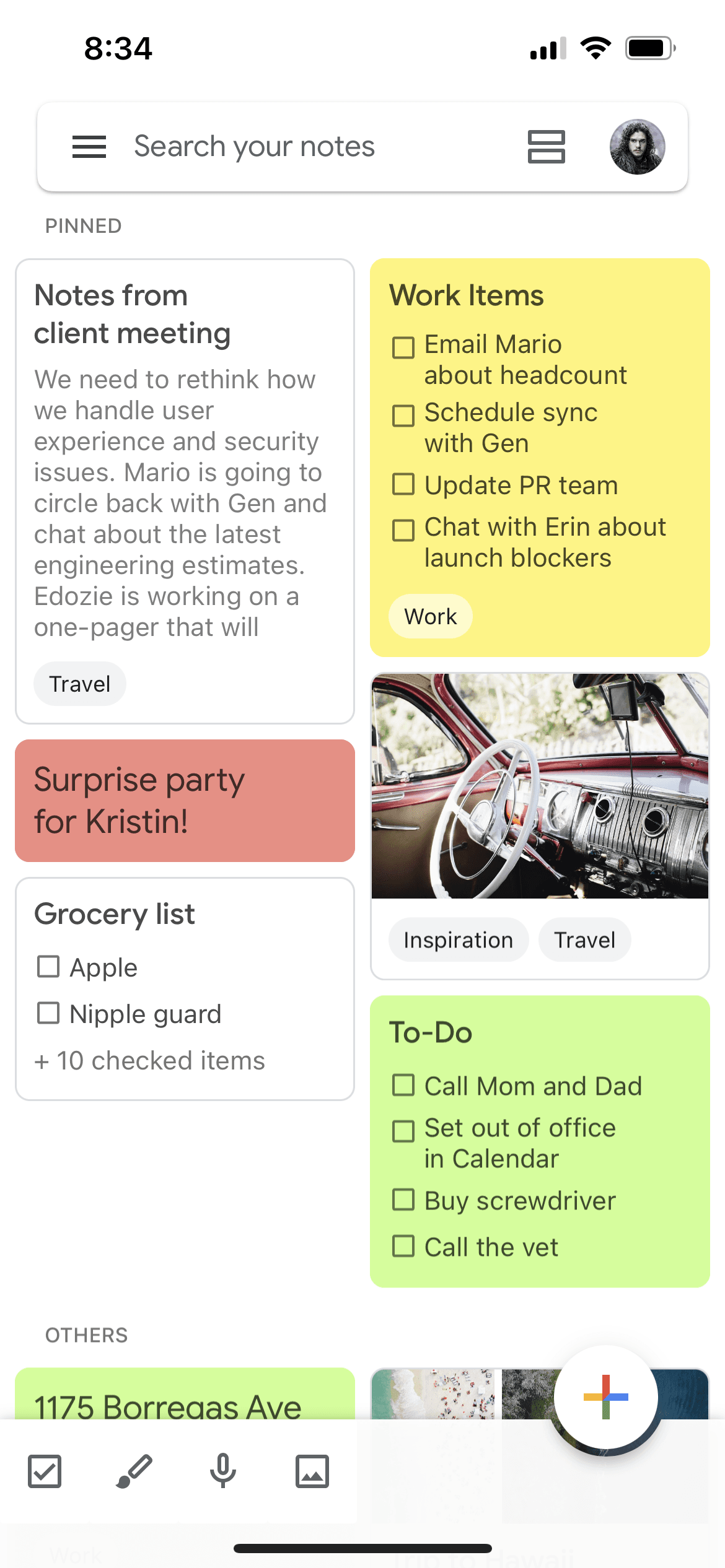 Screenshot of Google Keep app using the Google Material design theme