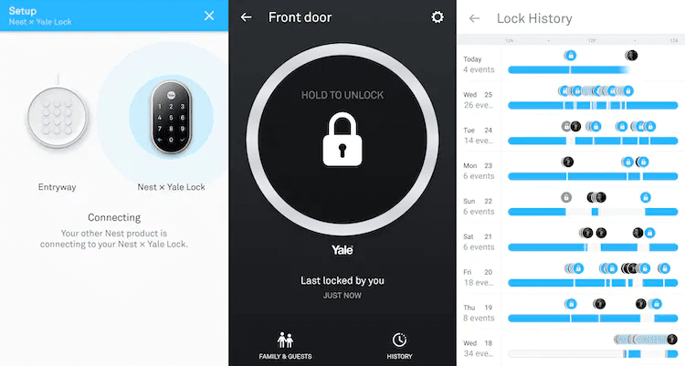 Screenshots of the Nest app showing lock pairing, control, and access history
