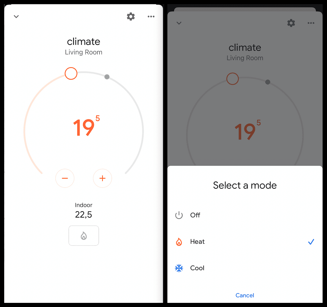 Screenshots of the Google Home app showing how to control a thermostat