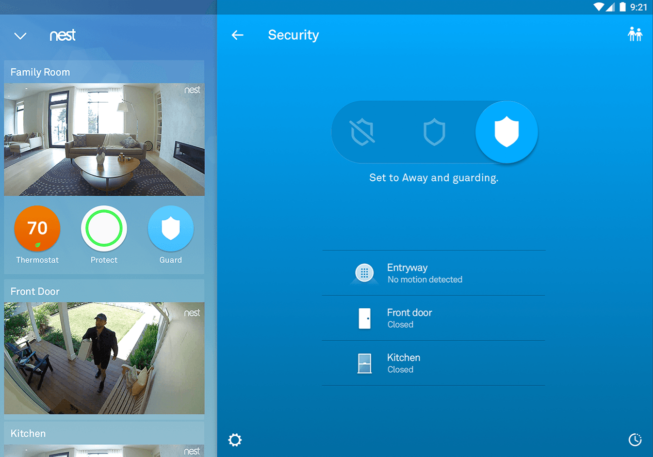 Screenshot of the Nest iPad app showing how to arm/disarm a security system