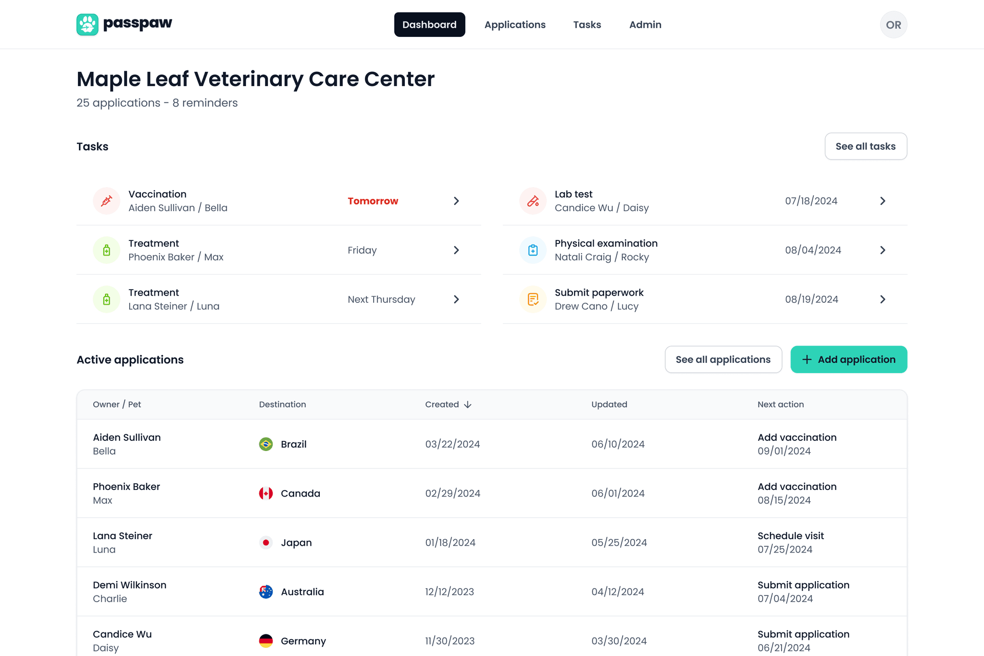 Screenshot of Passpaw app showing a dashboard with all tasks and applications
