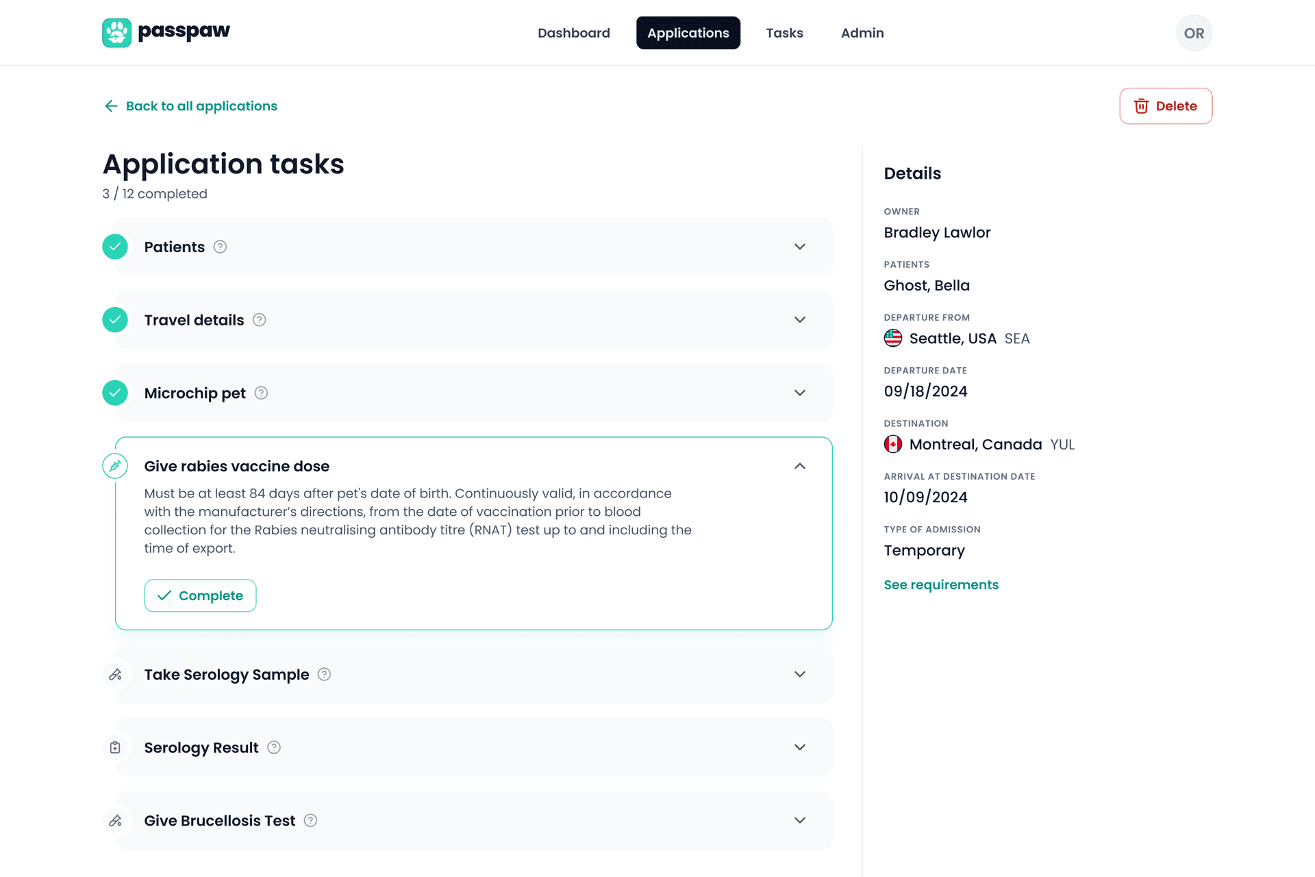 Screenshot of Passpaw app showing all tasks related to a travel application