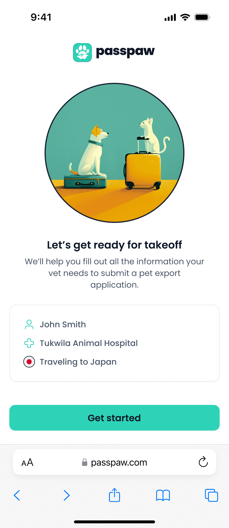 Screenshot of Passpaw app on mobile showing a welcome screen for pet owners
