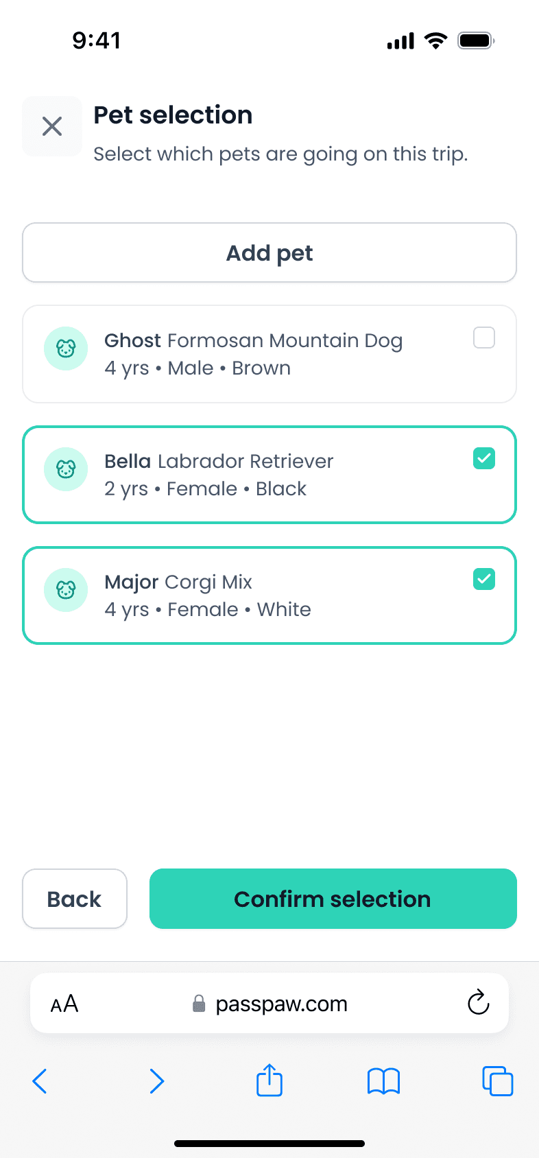 Screenshot of Passpaw app on mobile showing a list of pets to select from
