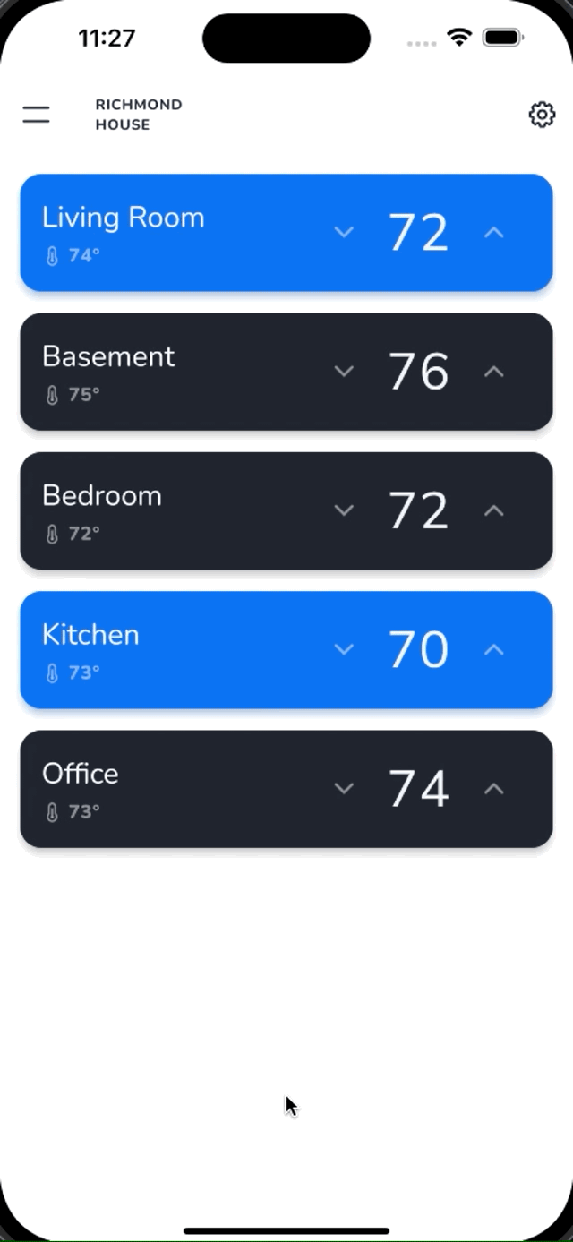 GIF of an app prototype showing how to group devices and control them