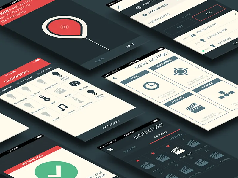 Mockups of the Revolv mobile app laid out on a 3D grid
