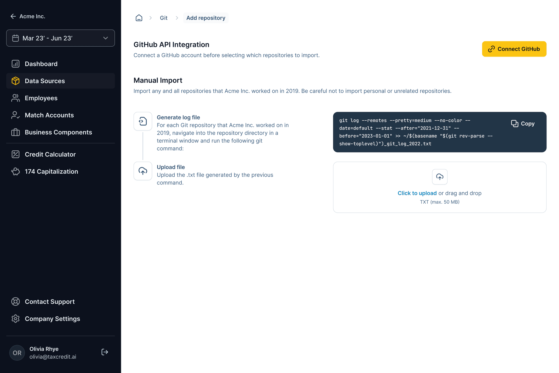 Screenshot of the TaxCredit.ai app showing a Github integration settings screen