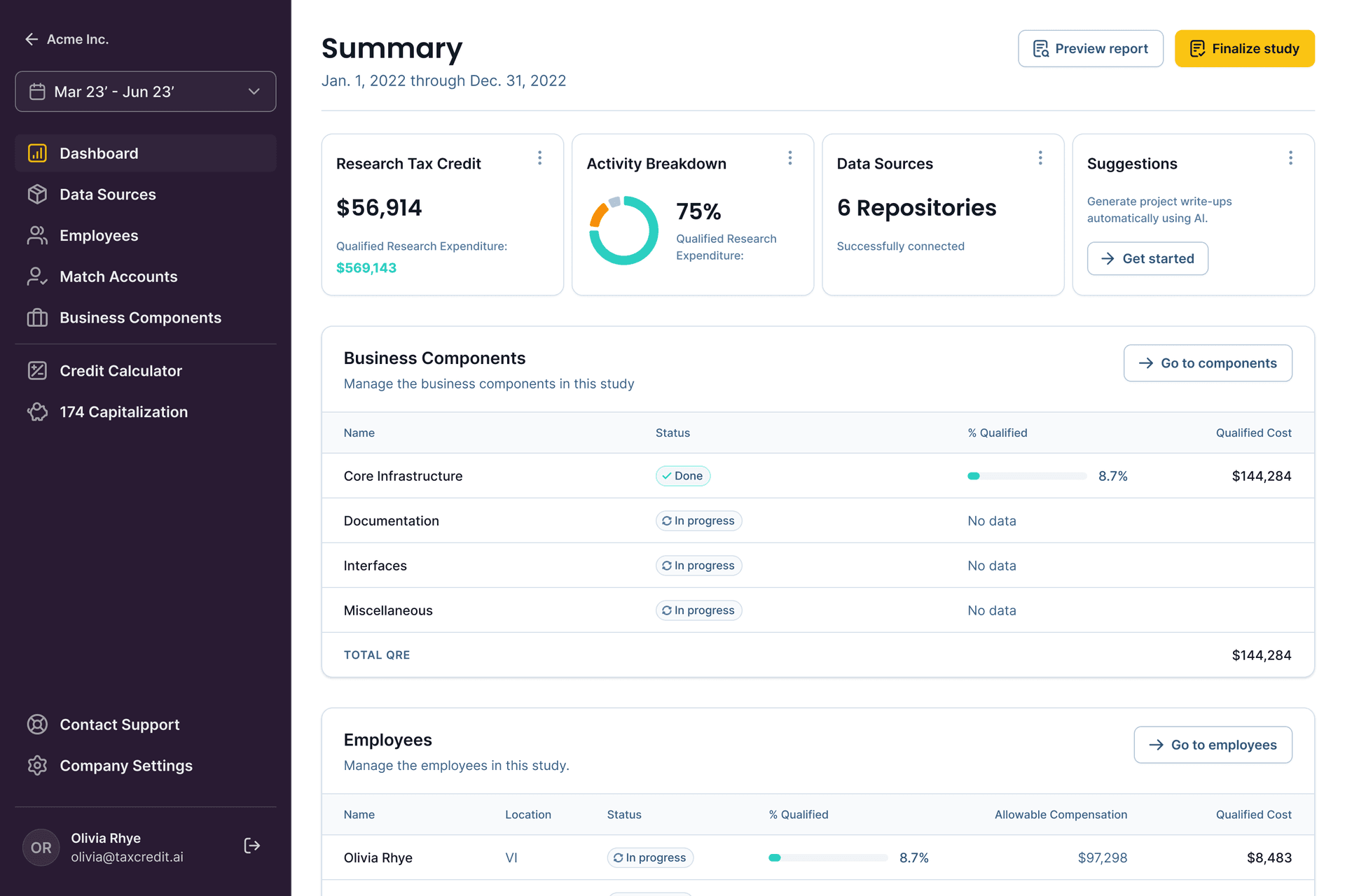 Screenshot of the TaxCredit.ai app showing a dashboard with a different color scheme