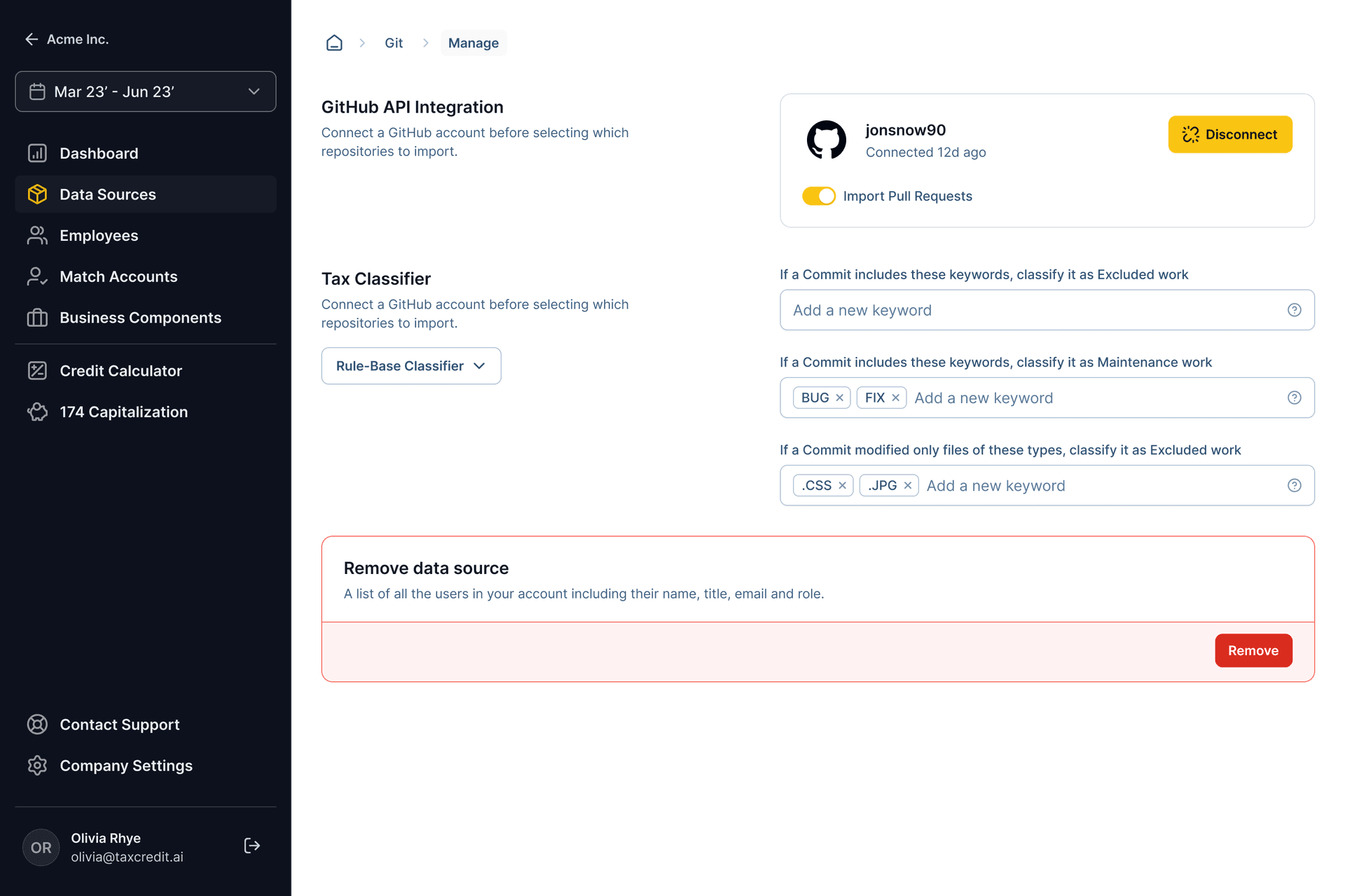 Screenshot of the TaxCredit.ai app showing a Github integration settings screen