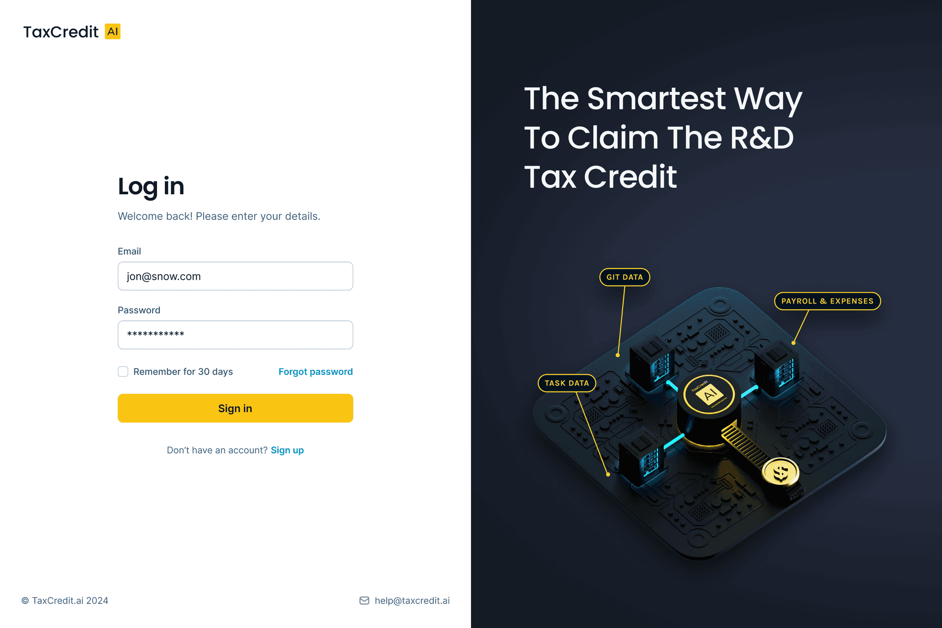 Screenshot of the TaxCredit.ai app showing a sign in screen