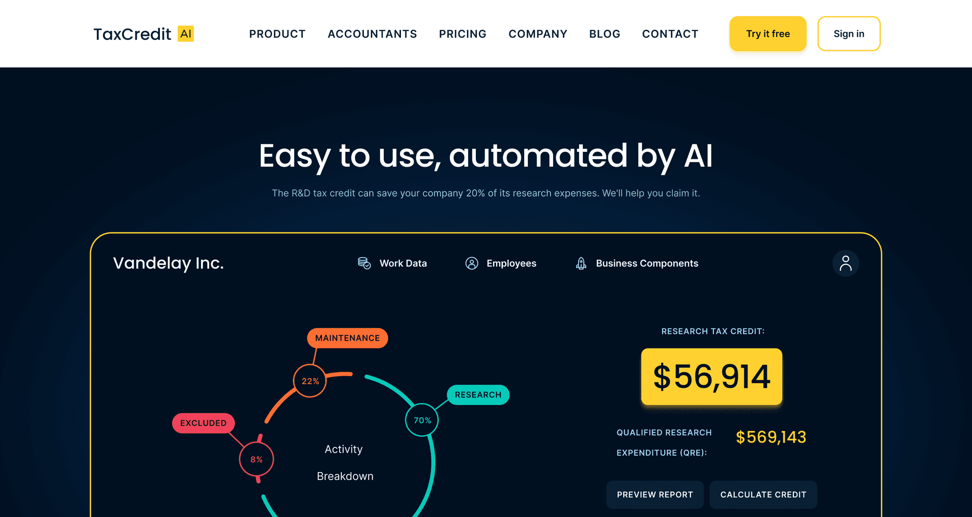 Screenshot of the TaxCredit.ai website showing a mockup of the application