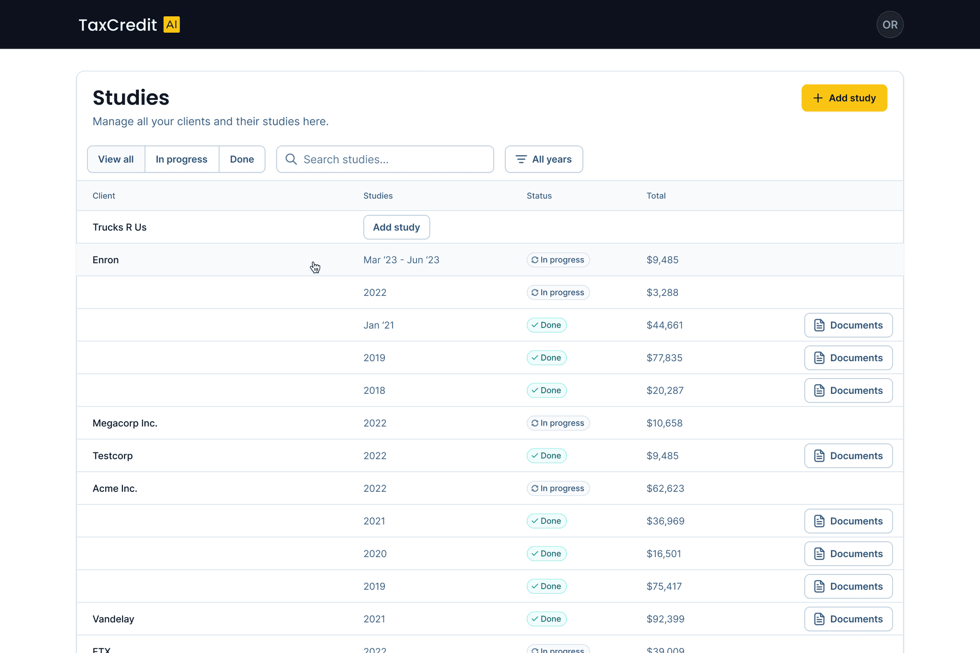 Screenshot of the TaxCredit.ai app showing a table with tax studies