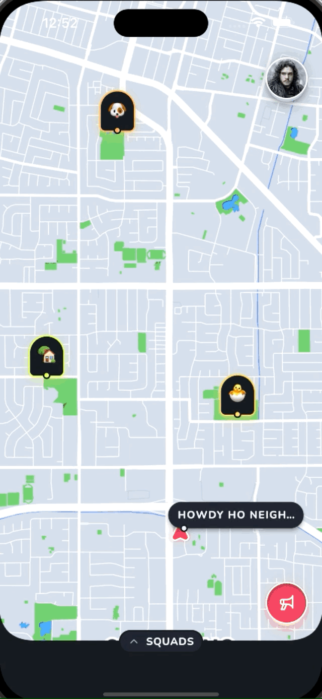 GIF of the Tinytown app showing how to create a Squad